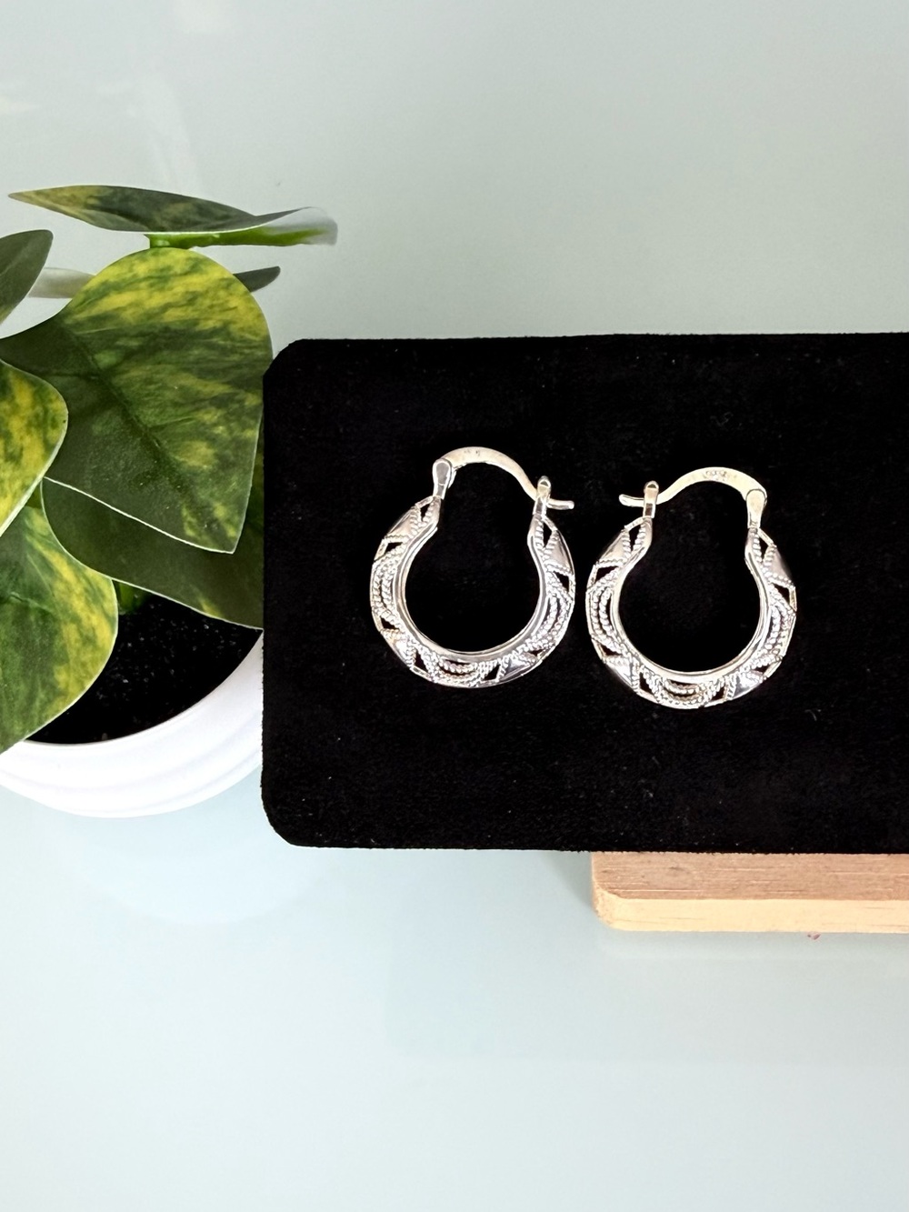 Sterling Silver Textured Hoop Earrings - Silver